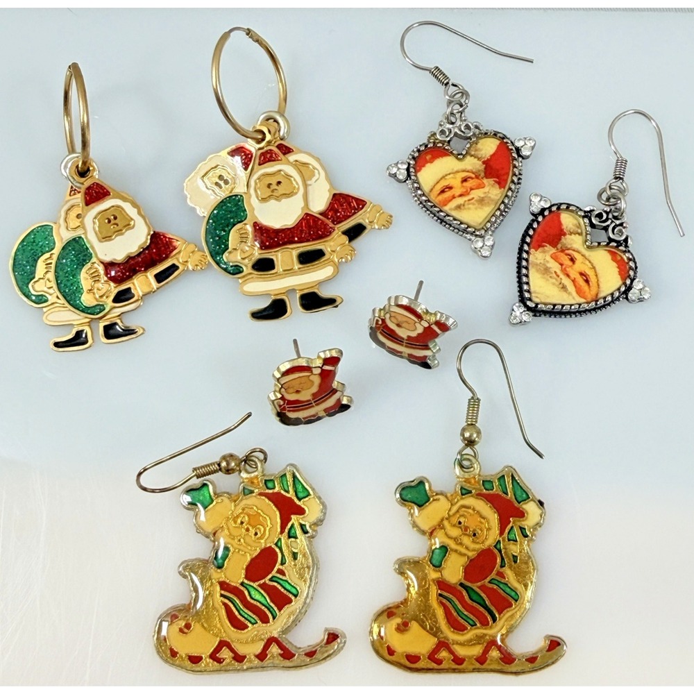 Vintage Santa Claus Earrings Lot 4 Pairs Pierced Christmas Holiday Figural